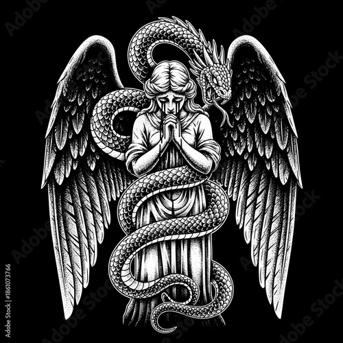 Angelic figure with serpent embracing it in monochrome style.