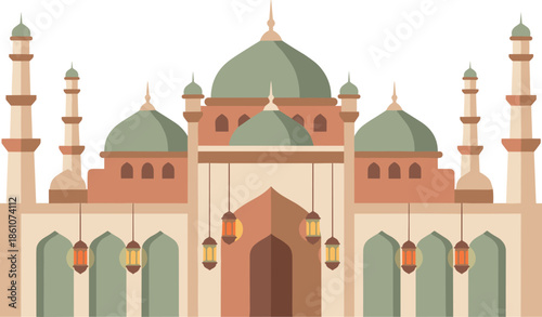 Mosque, Islamic, building, architecture, Ramadan, Kareem, Eid, Mubarak, celebration, vector, illustration, flat, design, religious, temple, minaret, dome, lantern, cultural, prayer