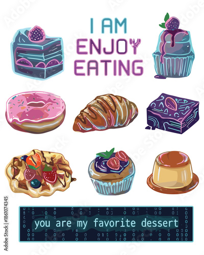 Modern vector illustration of stylized desserts and treats, including cakes, donuts, croissants, waffles, and a flan, set against a futuristic background with binary code elements.