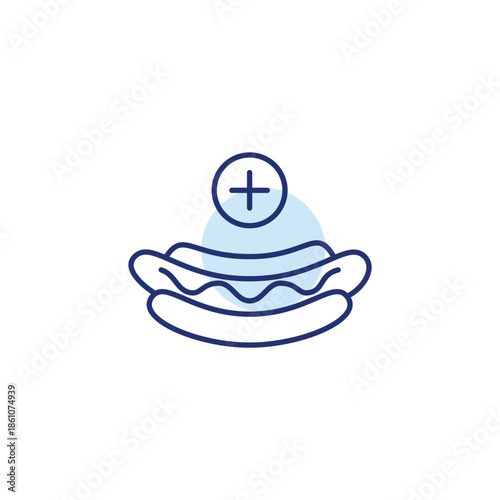 Hot dog with mustard in a bun and plus. New menu positions added. Fast food takeaway and delivery. Pixel perfect, editable stroke vector icon