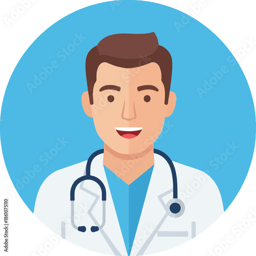 A friendly male doctor avatar with a stethoscope, set against a blue circular background. The flat vector design represents professional healthcare, medical expertise, and patient care.