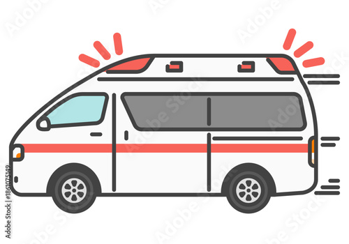 緊急走行する日本の救急車 赤色灯　シンプル　イラスト