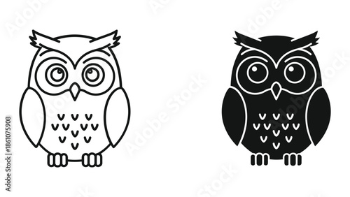 Cute cartoon owl illustration in black and white