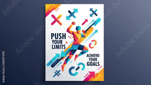 Motivational poster with abstract athlete running upwards surrounded by arrows