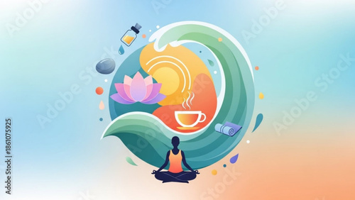 Woman meditating with lotus flower, tea cup, and wellness elements in a serene, abstract