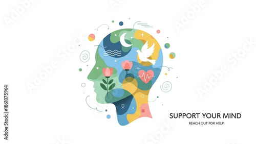 Mental health awareness illustration of human head with flowers and dove symbolizing peace