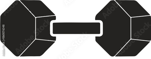 A bold, minimalist black vector silhouette of a hex dumbbell. The clean geometric design features two hexagonal weights connected by a central bar, representing fitness, strength, and weightlifting.