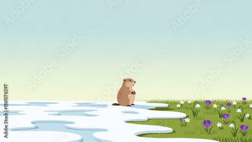 Groundhog standing on melting ice floes in spring landscape with flowers