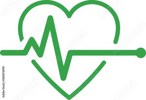 A minimalist green vector icon featuring a heart outline intersected by a steady heartbeat pulse line, symbolizing cardiovascular health, fitness, medical monitoring, and life vitality.