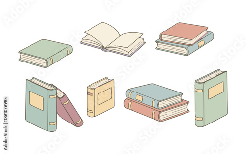 Colorful book collection in various stacked and open positions