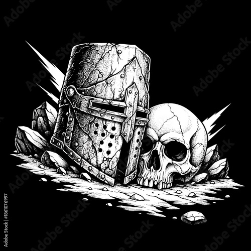 Crusader Helmet and Skull Symbolizing War and Mortality.