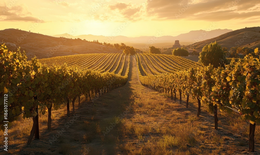 Naklejka premium Scenic landscape of a vineyard with rows of grapevines glowing under golden hour light, soft warm tones, peaceful rural atmosphere, sharp detail, panoramic style,
