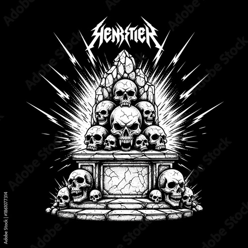 Skull throne with radiating light and dark fantasy art style.