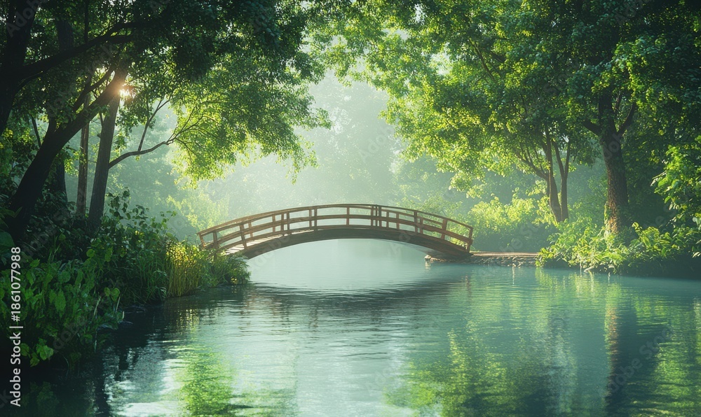 Fototapeta premium Scenic riverside view with a wooden bridge and lush greenery, soft morning light reflecting on the water creating a peaceful and picturesque escape,