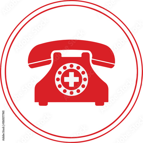 A red vintage telephone icon with a medical cross on its rotary dial, enclosed in a double-bordered circle. Represents emergency medical hotlines, doctor consultations, and healthcare support.