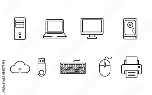 Computer and office technology icons for modern workspace