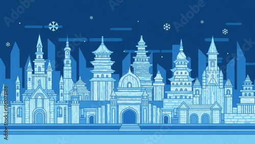 Monochromatic blue illustration of a fantasy city skyline at night with snowflakes, featuring various towers and spires, domes and arches, against a dark blue background