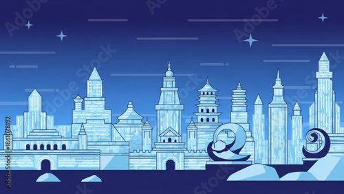 A serene cityscape at night with various buildings and towers under a starry sky with a stylized moon and abstract swirls in the foreground