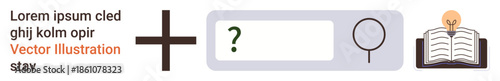 Education, research, knowledge sharing, online search, innovation, information access. A search bar, magnifying glass icon plus symbol and open book with light bulb. Research and education theme