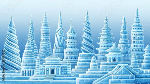 Ice palace with intricate spires and towers, frosty architecture, winter wonderland scene with frozen structures, blue icy landscape