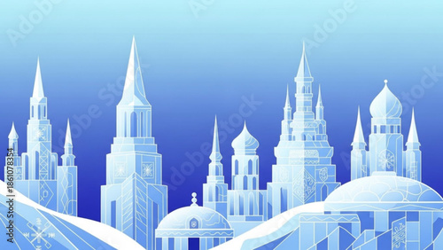Fantasy cityscape with white buildings and blue gradient background, futuristic architecture with spires and domes