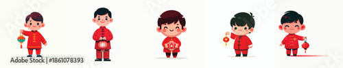 vector of a little boy standing hold a Chinese New Year lantern
