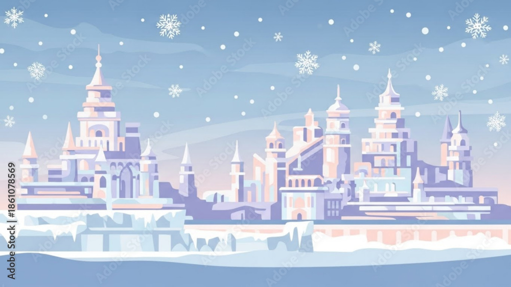 Obraz premium Winter wonderland scene with snow covered fantasy castle and towers in pastel colors, snowfall and serene blue sky
