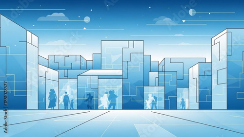 Futuristic cityscape with sleek skyscrapers and people walking on a bright blue urban landscape at dusk with clouds and stars