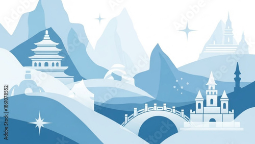 Serene fantasy landscape with pagoda, castle, and bridge amidst snow capped mountains and rolling hills in shades of blue and white, evoking wonder and magic