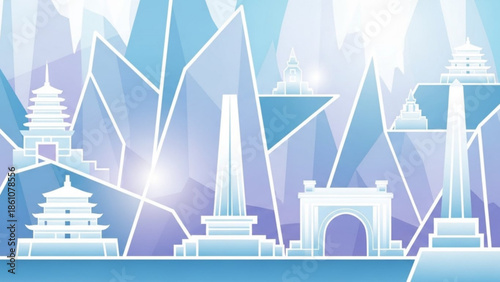 Stylized illustration of famous landmarks and monuments in a futuristic cityscape with geometric mountains and bright lighting