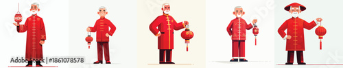 vector of a grandfather standing hold a Chinese New Year lantern