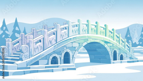 Winter landscape with arched bridge and snow covered mountains in pastel blue and white illustration style