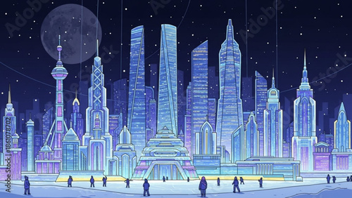 Futuristic cityscape with neon lights and skyscrapers at night with people walking in the foreground under a starry sky
