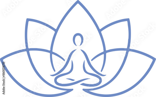A minimalist light blue line art vector featuring a person in a yoga meditation pose at the center of a lotus flower. The clean design evokes a sense of peace, balance, and spiritual mindfulness.