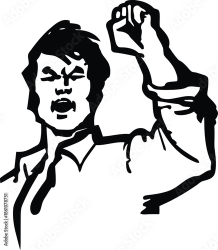 Angry man shouting with fist raised, protest symbol vector icon