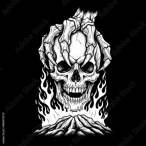 Scary Skull with Fiery Flames and Skeletal Hands.