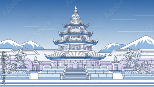 Asian style pagoda temple with dragon statues and snowcapped mountains in the background, serene landscape illustration