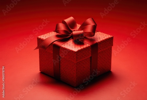 Red gift box with elegant ribbon on vibrant red background