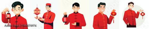 vector half body of a man holding a Chinese New Year lantern