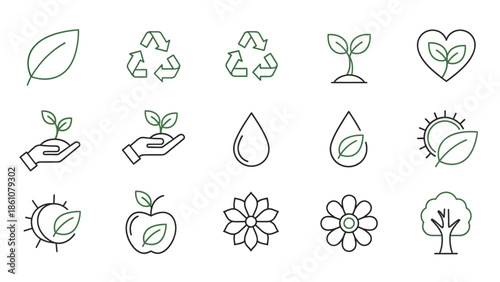 Vector collection of eco-friendly line icons representing sustainability, environmental protection, plant growth, recycling, and green living concepts