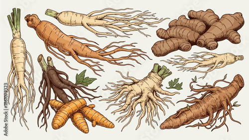 Diverse Collection of Healthy Root Vegetables and Medicinal Herbs Hand-Drawn Illustration of Natural Ingredients for Wellness and Culinary Use