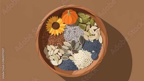 A rustic wooden bowl brimming with an assortment of healthy seeds, grains, and a miniature pumpkin, suggesting a harvest bounty