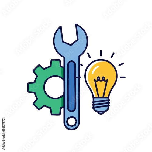 Cartoon illustration of a wrench, gear, and lightbulb in a cute, colorful design with a creative and innovative mood against a clean white background.