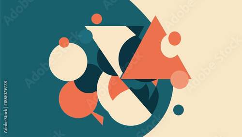 Abstract Geometric Composition with Circles and Triangles in Teal and Coral Tones