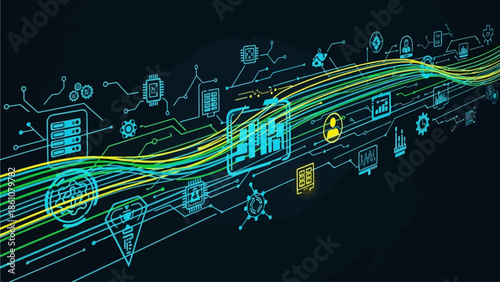 Digital abstract network of glowing lines and icons representing connectivity and data flow
