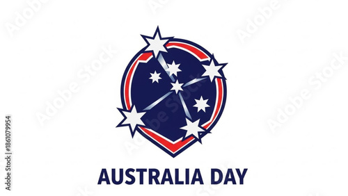 Australia day celebration logo with white stars on blue and red shield symbol on white background