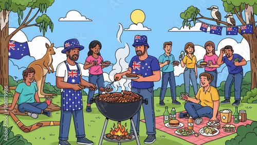 Group of people having a barbecue in a park with australian flags and native animals around, enjoying food and drinks together under a sunny sky