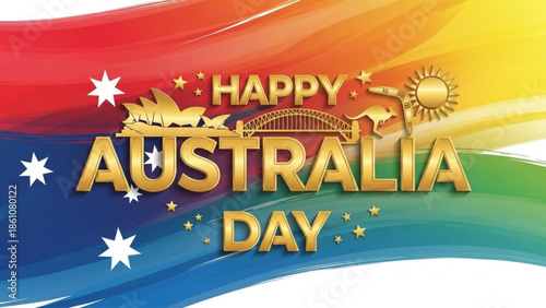 Happy australia day banner with flag colors and golden text, patriotic background, festive celebration