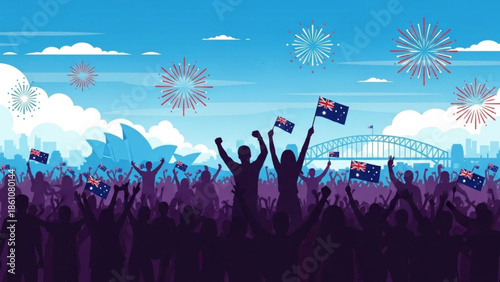 Crowd celebrating australia day with flags and fireworks in sydney cityscape
