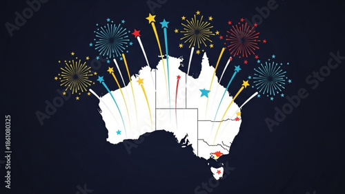 Australia map with fireworks and stars celebrating special occasion or event on dark background